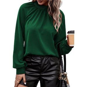 Women's Pleated Mock Neck Shirt Top Green